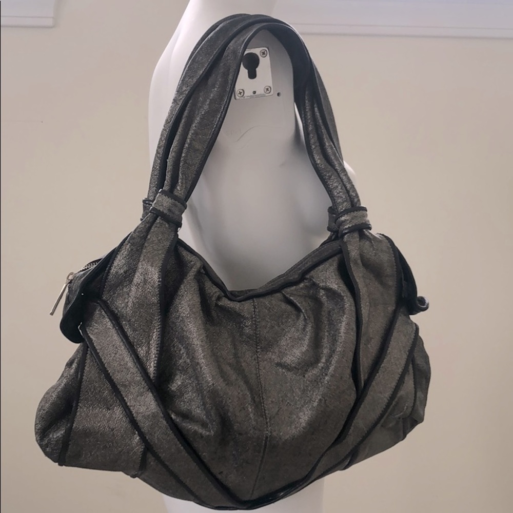 Kooba Metallic Silver Black Leather Large Shoulder Bag Y2K